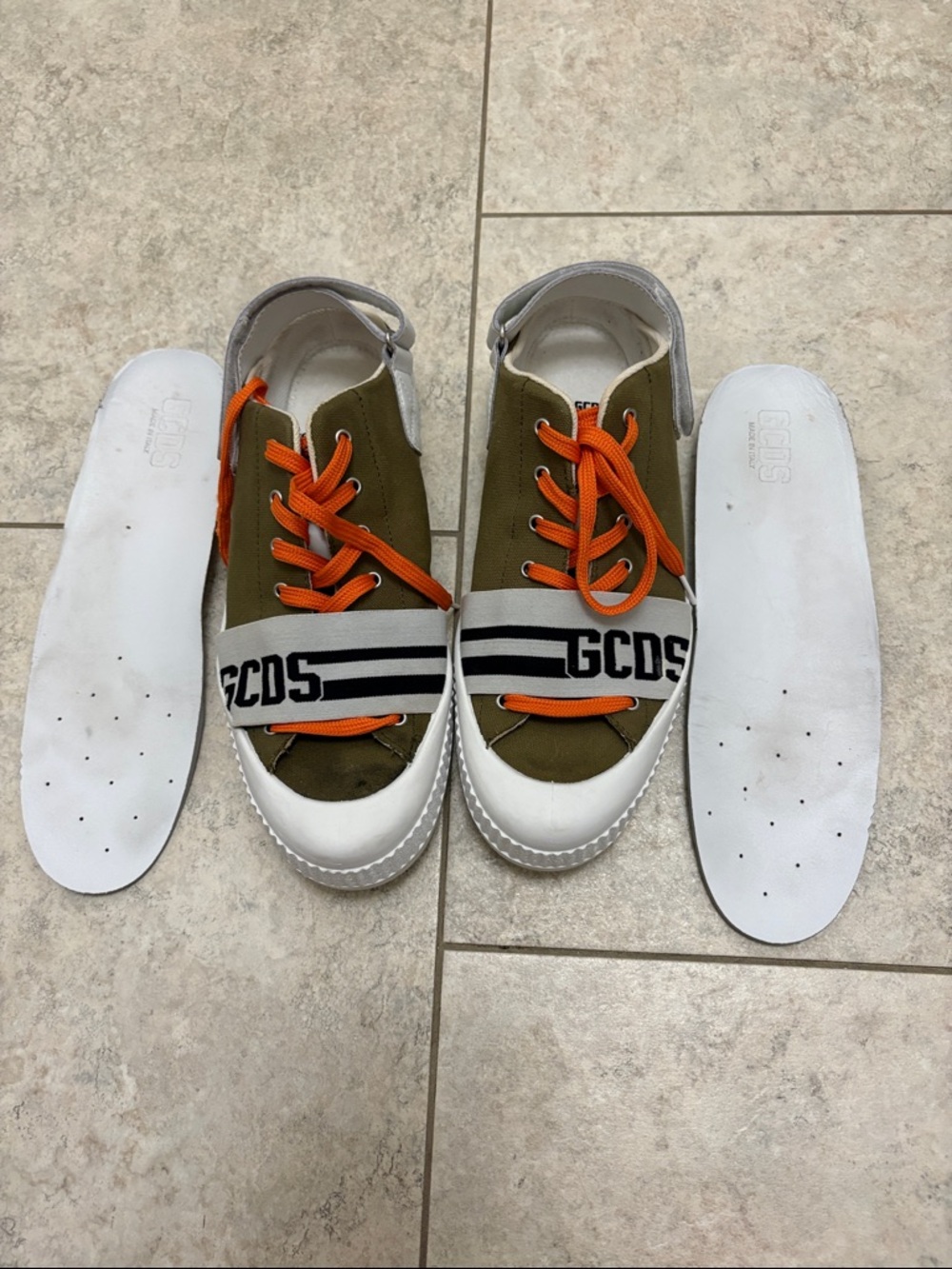 GCDS Olive & White Sneaker with Orange Laces